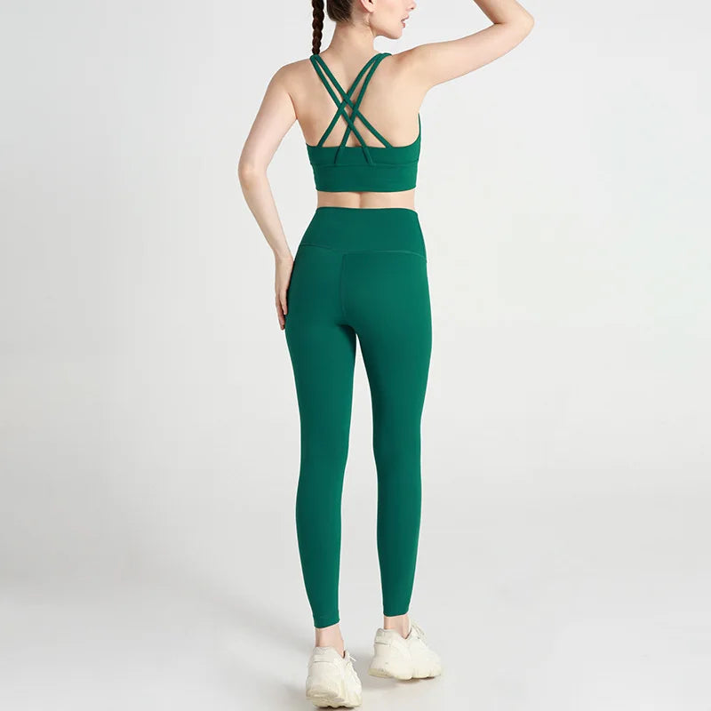 Classic women's yoga suit 2 piece set cross sling bra vest, butter touch stretch leggings gym workout dance sports suit