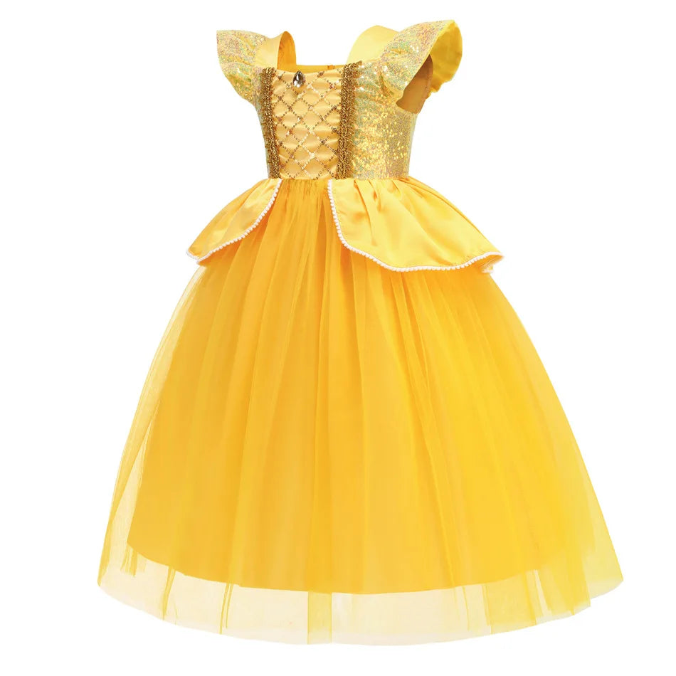 Disney Princess Dresses Girls Belle Party Costume Children Halloween Birthday Flower Clothes Beauty and The Beast Fancy Disguise