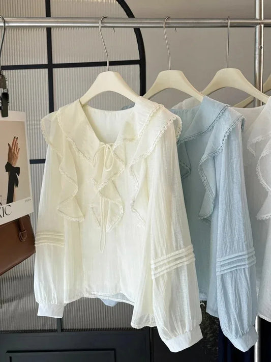 French V-Neck Chic Long Sleeved Blouse Women's Spring Summer Ruffled Casual Top New Design