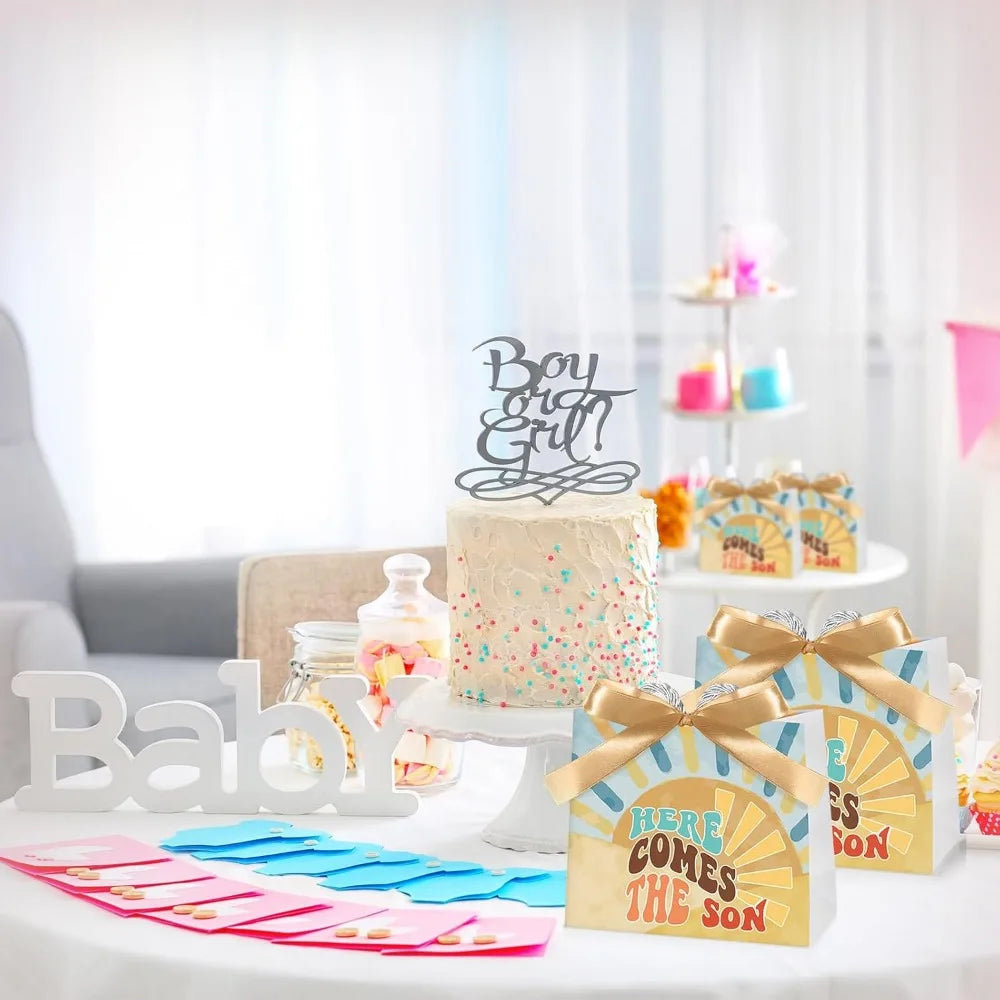 25 Sets Baby Shower Favor Bags with Handles and Bows Boho Sun Design for Party Decorations Goodie Bags