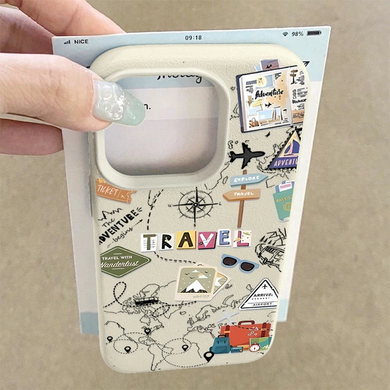 Travel Map Pattern Phone Case For iPhone 17e 16e 17 16 15 14 Pro Max 13 12 Pro Air 11 Leather Texture TPU Silicone Soft Cover
