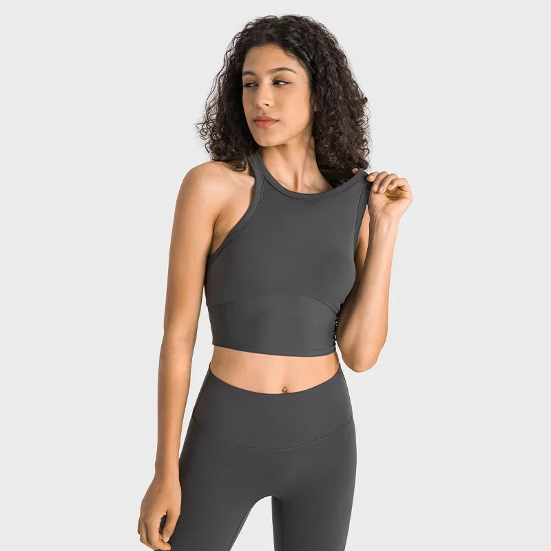 Built-in chest patch, high-end women's yoga vest, nude feel Leica gym exercise sports bra, hanging neck style