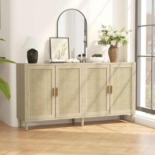 70" Rattan Buffet Cabinet with Storage, 4-Door Sideboard Buffet Cabinet with Adjustable Shelves for Kitchen, Living Room and