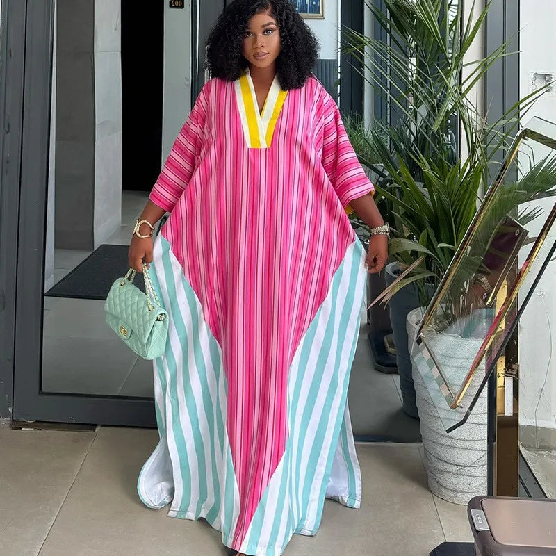 Women's Dress V Neck Striped Dresses 3/4 Sleeve Casual Maxi Dress Oversized Pink And Mint Shirt Dress Side Slit Long Flowing