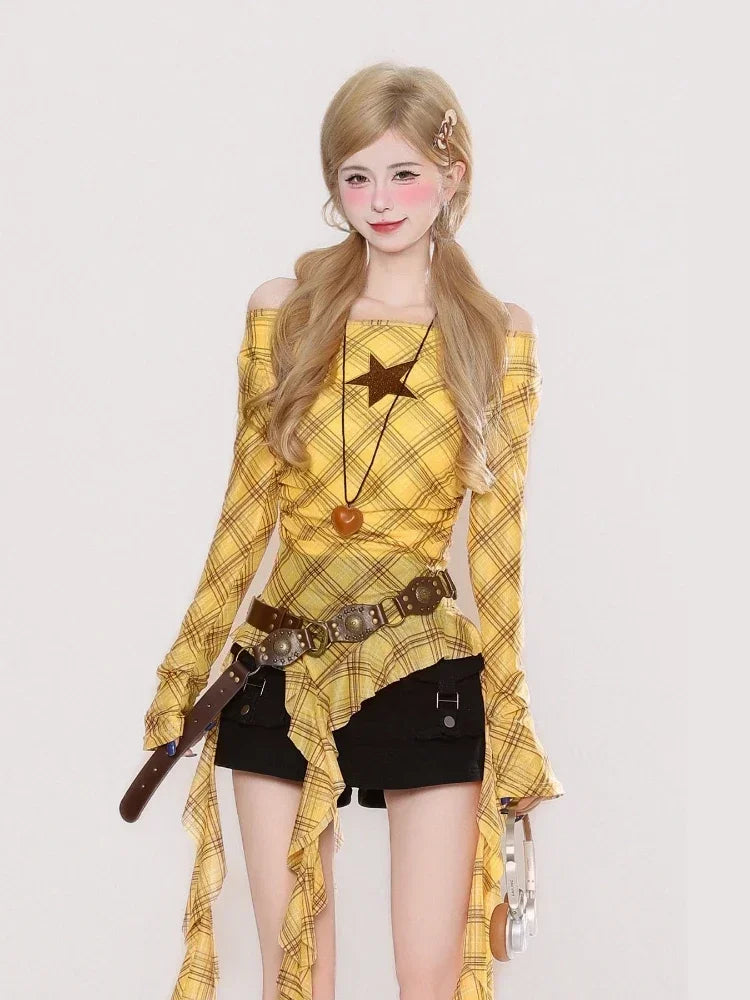 Y2K Plaid Slash Neck Vintage T-Shirt for Women, Grunge Ruffled Bodycon Top, Sexy Fairy Aesthetic
