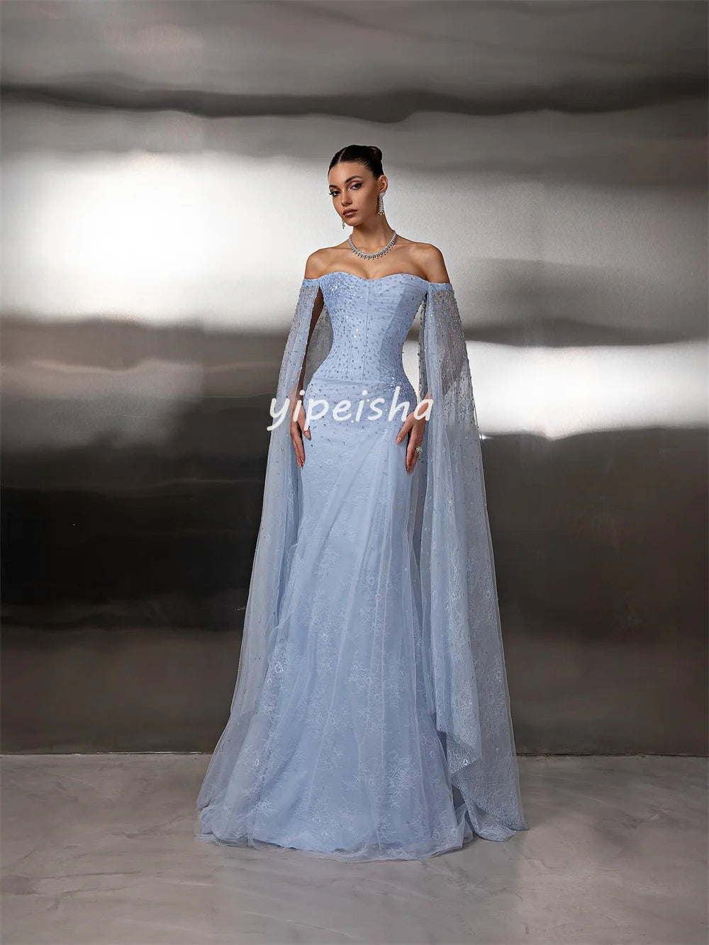 Customized Fashion Sparkle Lace Pleat Rhinestone Sequined Beading Mermaid Off-the-shoulder Long Dresses Bespoke Occasion Dresses
