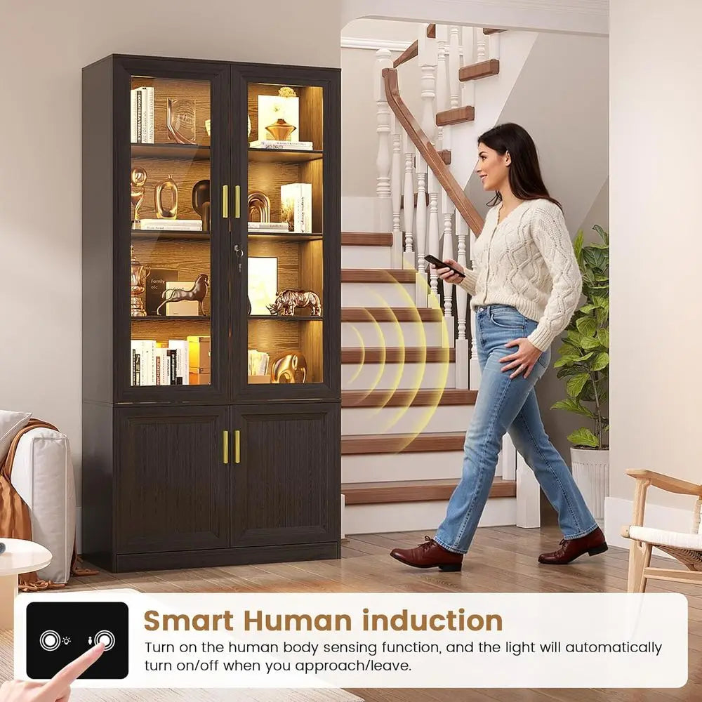 71" Tall Display Shel - with Glass Do, 4-Tier Book Shel Storage Cabinet with LED Lights & Lock, Curio Bookshel Display Cabinet o
