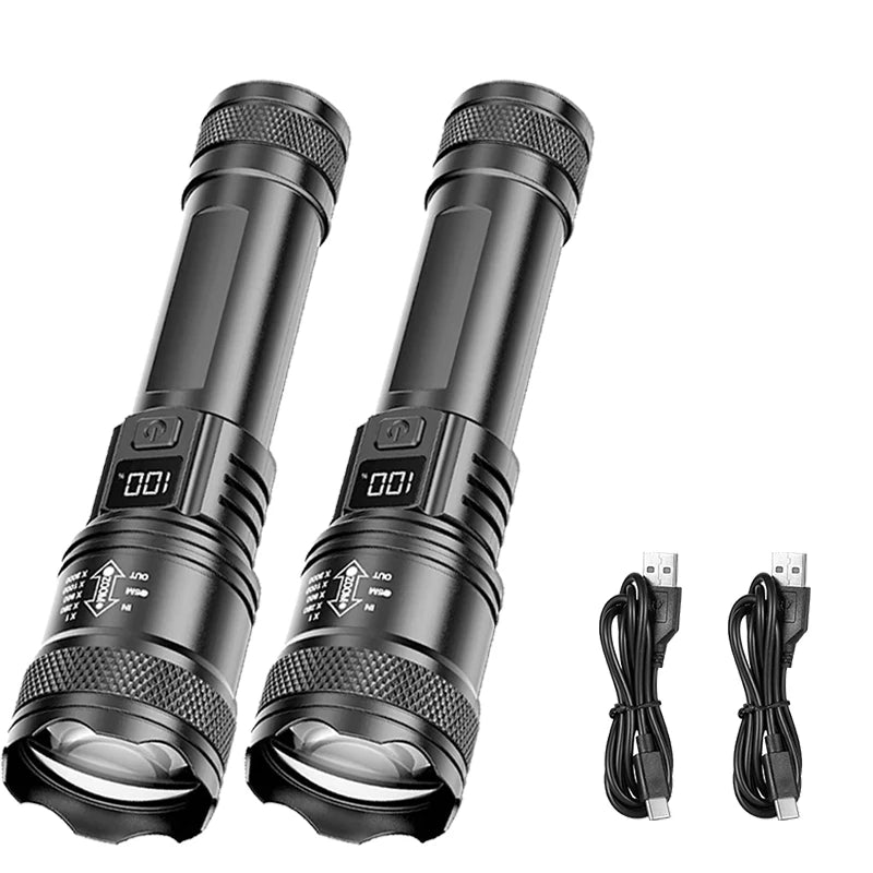 Rechargeable LED Flashlight Zoomable Torch with LCD Display 3 Modes Waterproof High Power Hand Light Outdoor Wilderness Camping