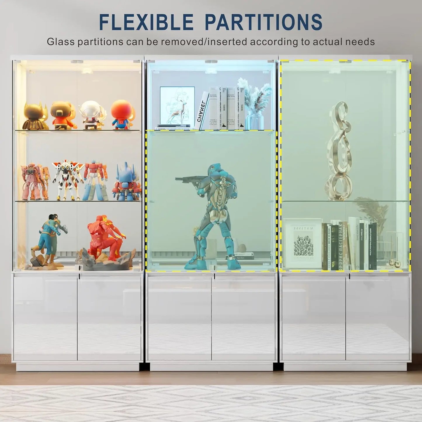 71'' Display Cabinet with Glass Doors&3 Color Lights&Lockable for Bedroom White,High Gloss Curio Cabinet with Adjustable Glas