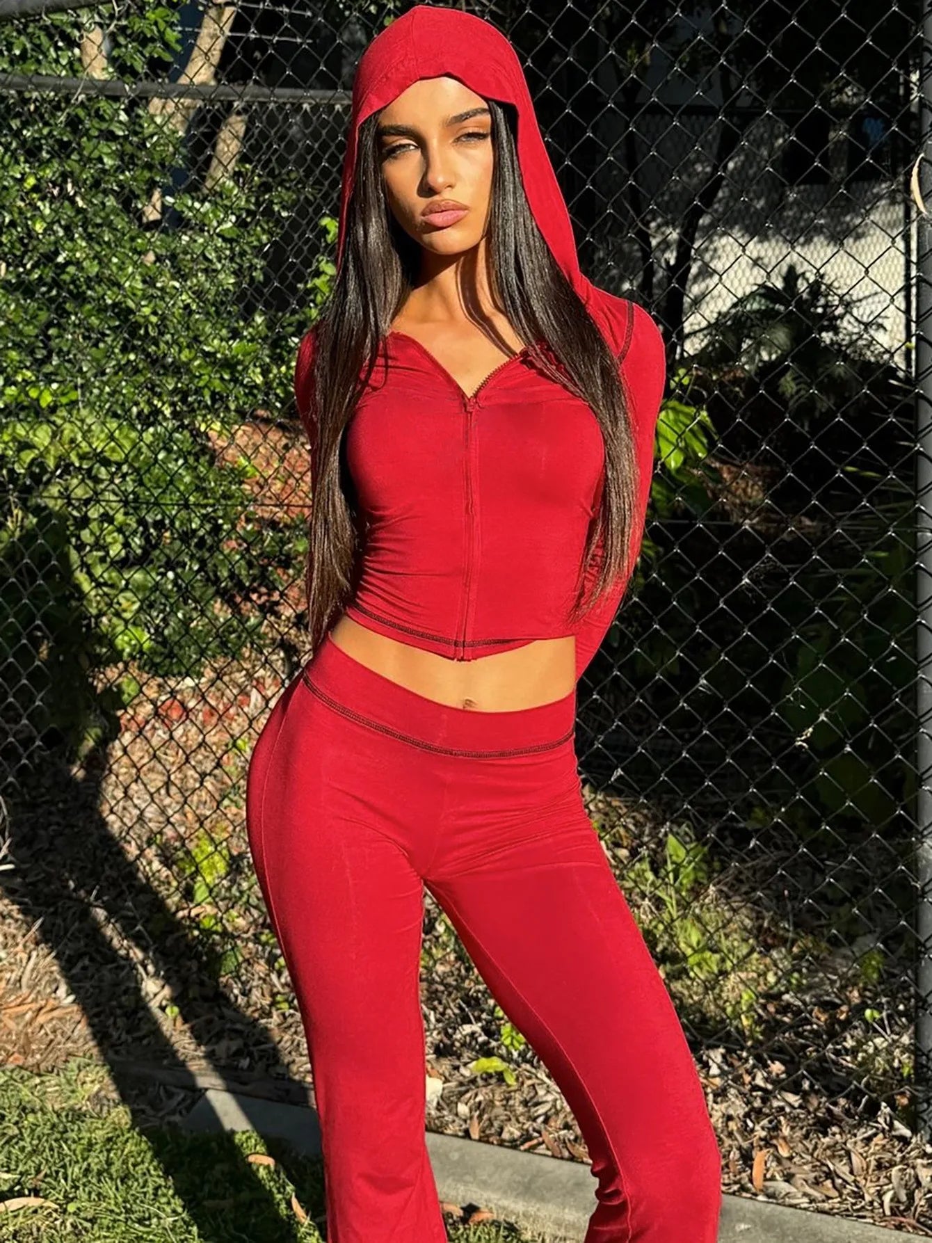 Summer Women's Clothing Front Top High Waist Skinny Long Pants Set For Polyester Streetwear