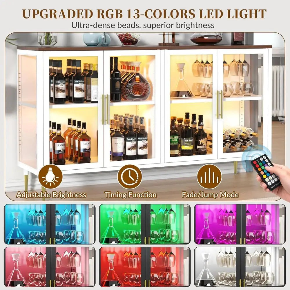 LED-Illuminated Glass Sideboard Cabinet, Metal & Wood Modern Storage with Adjustable Shelves, Suitable for Coffee Bar, Kitchen,