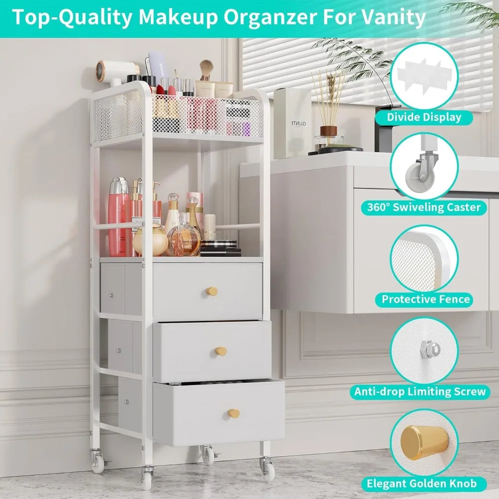 Rolling Makeup Cart Organizer - 3 Drawer Storage for Skincare Cosmetics Nail Polish