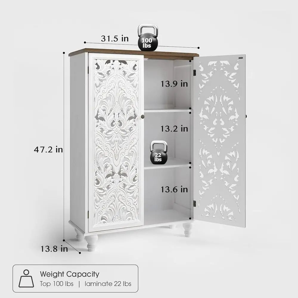 47 High Distressed White Wood Accent Cabinet with 3-Tier Shelves, Boho Style Sideboard for Small Spaces and Living Rooms