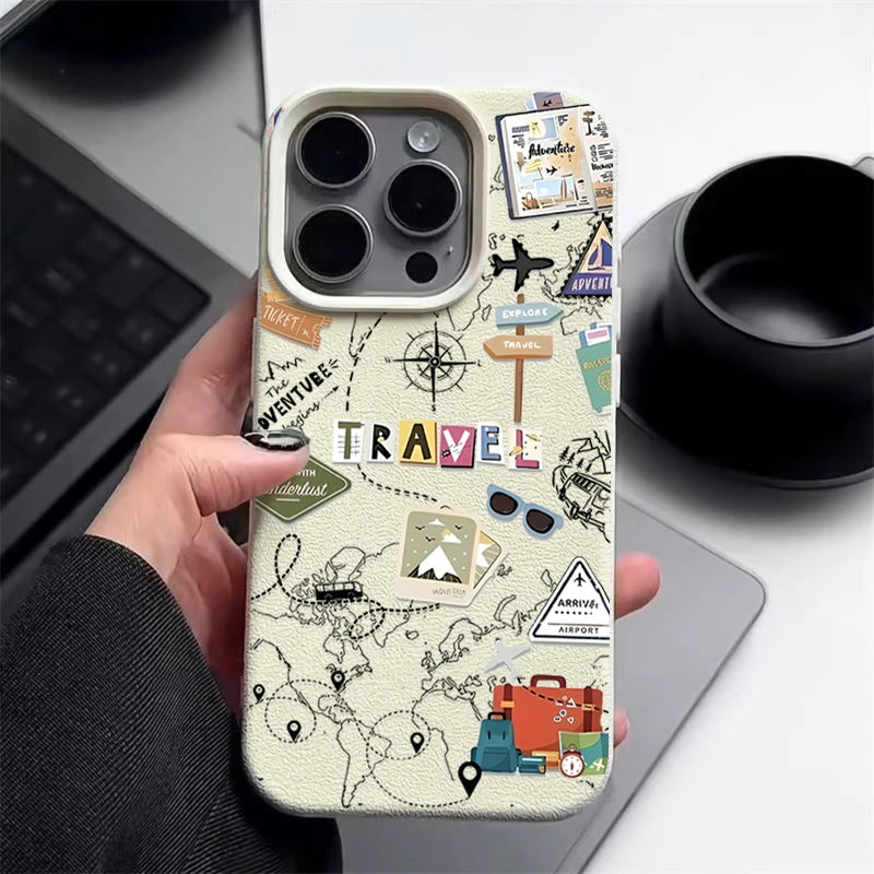 Travel Map Pattern Phone Case For iPhone 17e 16e 17 16 15 14 Pro Max 13 12 Pro Air 11 Leather Texture TPU Silicone Soft Cover
