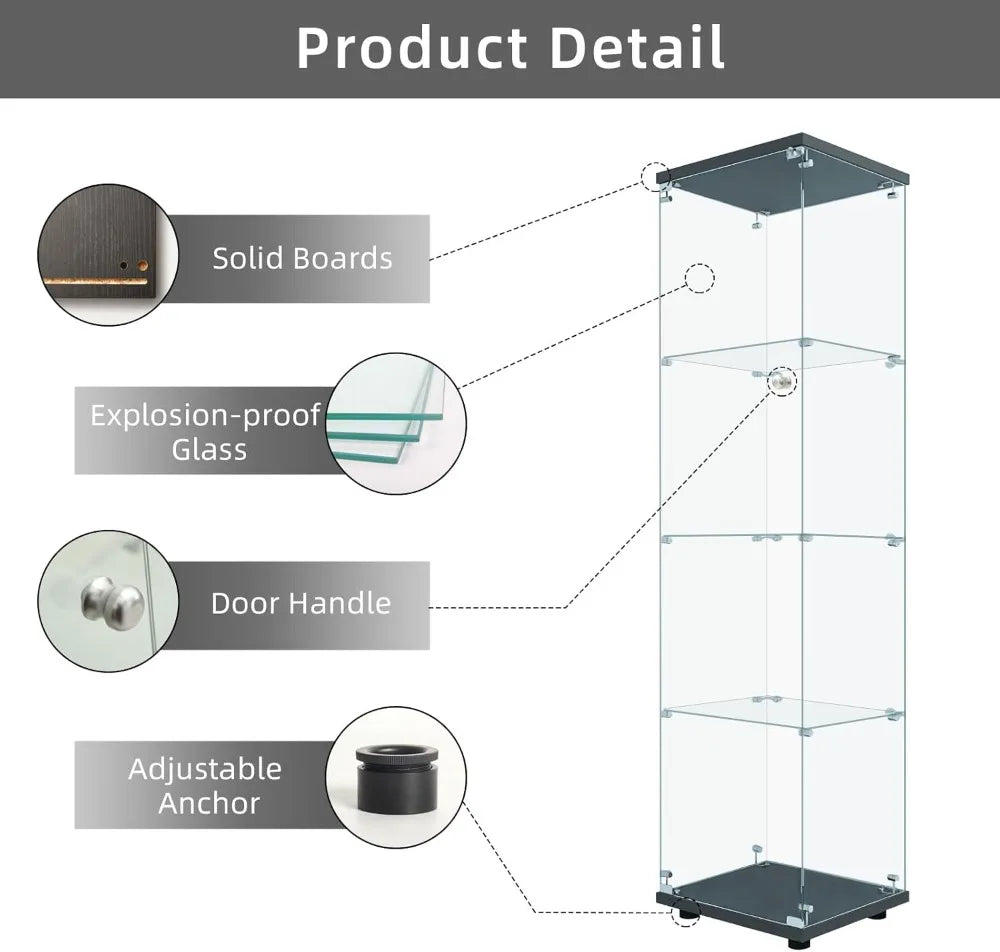 4-Tier Glass Display Cabinet with Lock, 65"x17"x14" Black, Tempered Glass Curio for Collectibles & Wine