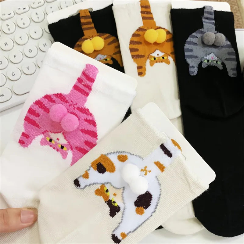 Cartoon Cat Egg Couple Socks Cozy Mid-Calf for Maternity Warm Winter Cute Present for Christmas Cat Lovers Family