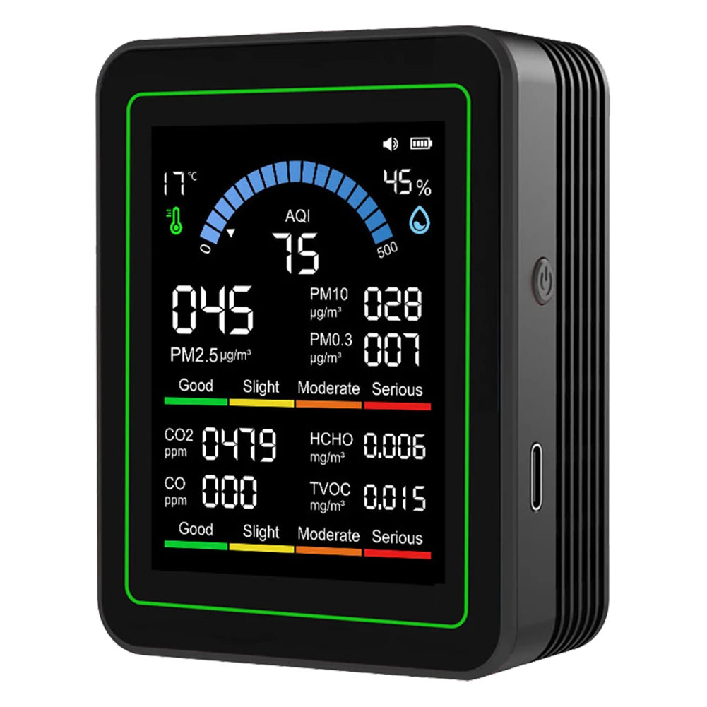  10-in-1 Air Quality Monitor Real-Time Temp Humidity HCHO TVOC CO2 Detector With 2.8In TFT Display Screen PM2.5 for Home Office