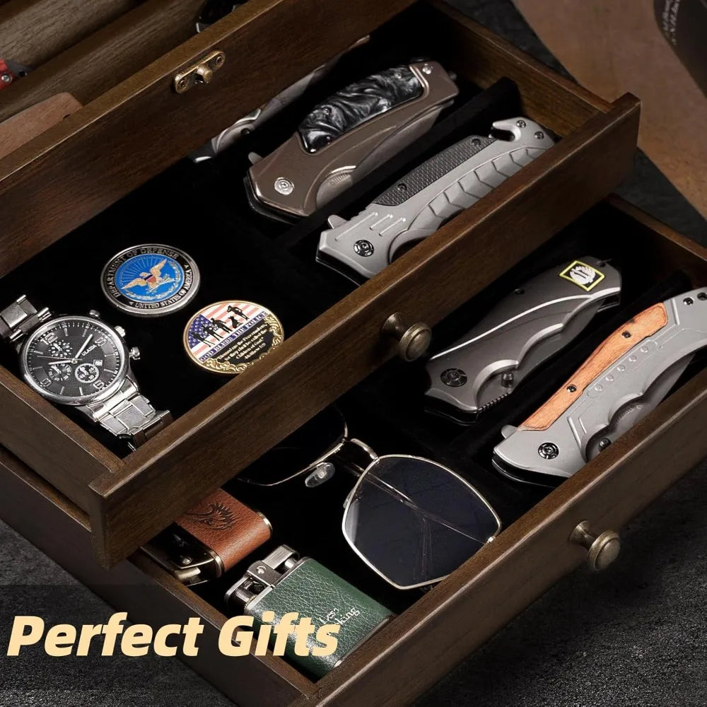 3-Layer Wooden Knife Display Case with Glass Lid & Drawers, Pocket Knife Collection Holder