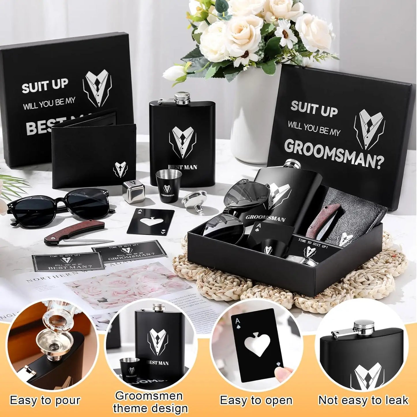 66 Pcs Groomsmen Proposal Set: Shot Glasses, Stainless Steel Flask, Funnel, Gift Boxes, Sunglasses, Knives, Bottle Opener