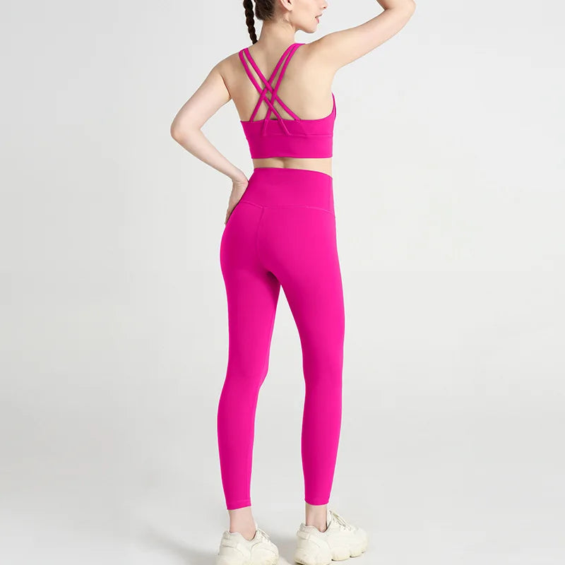 Classic women's yoga suit 2 piece set cross sling bra vest, butter touch stretch leggings gym workout dance sports suit