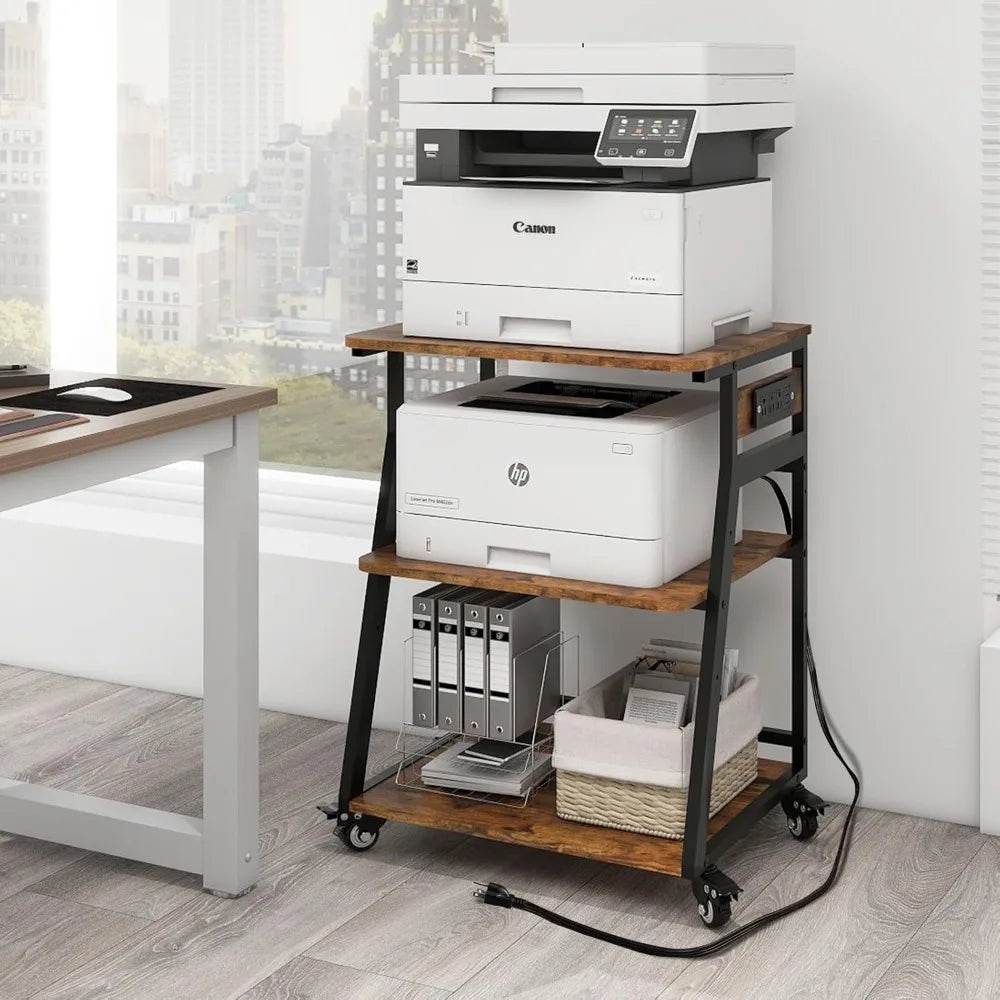Large 23.6"x19.7" Printer Stand with Charging Station, 3-Tier Rolling Cart for Home Office, Adjustable Shelf for 3D Printer