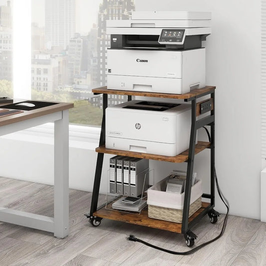Large 23.6"x19.7" Printer Stand with Charging Station, 3-Tier Rolling Cart for Home Office, Adjustable Shelf for 3D Printer