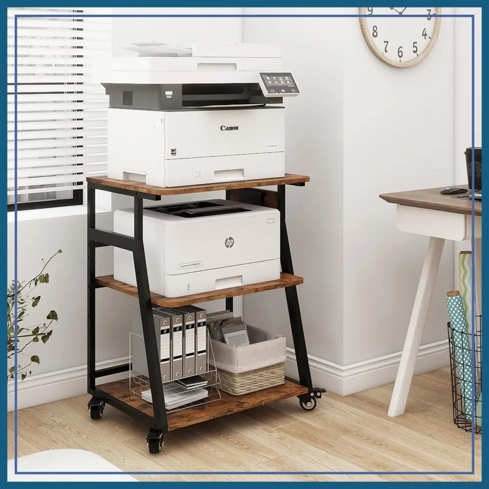 Large 23.6"x19.7" Printer Stand with Charging Station, 3-Tier Rolling Cart for Home Office, Adjustable Shelf for 3D Printer