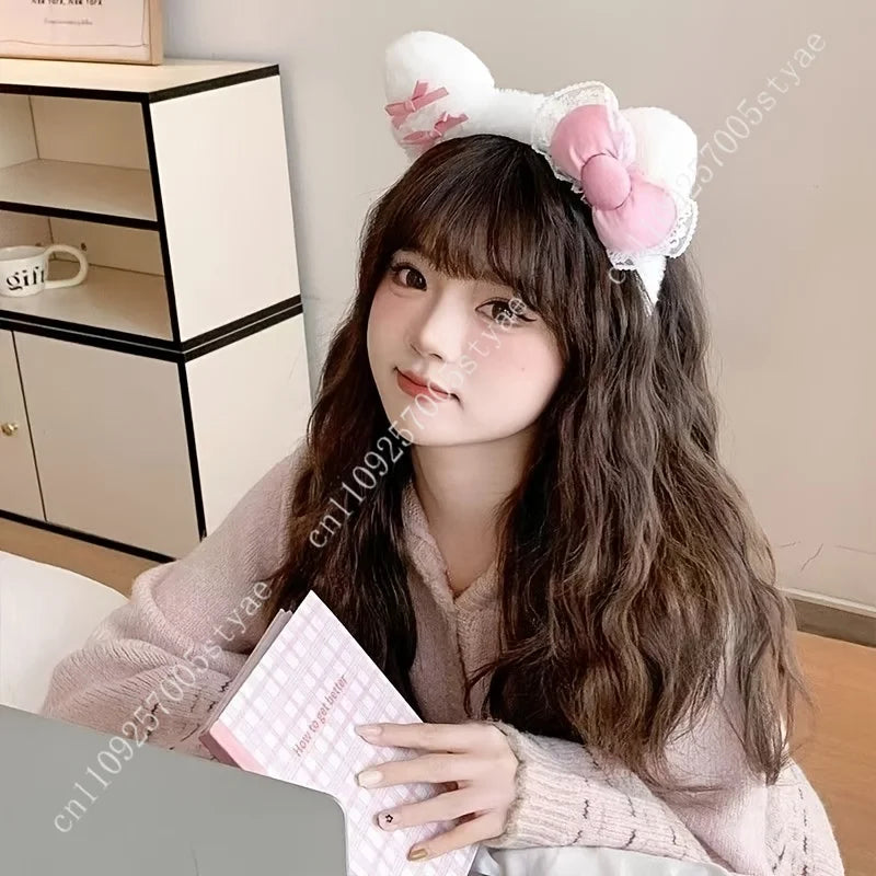 Hello Kitty Pink Bow Plush Headband  Women'S Cute and Comfortable Hair Accessory Suitable for Face Washing and Decoration