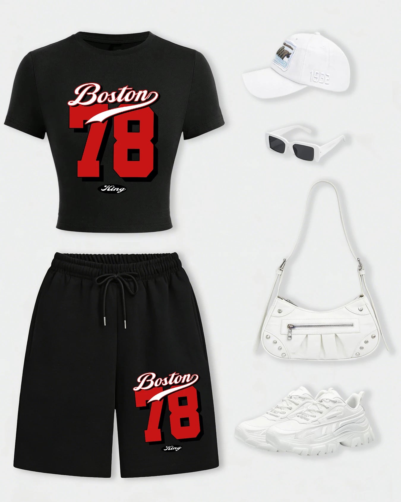 Boston Number 78 Design Womens Crop T Shirt Set Cotton Crewneck T-Shirts Pocket Summer Shorts Wide-Leg Drawstring Black Pant