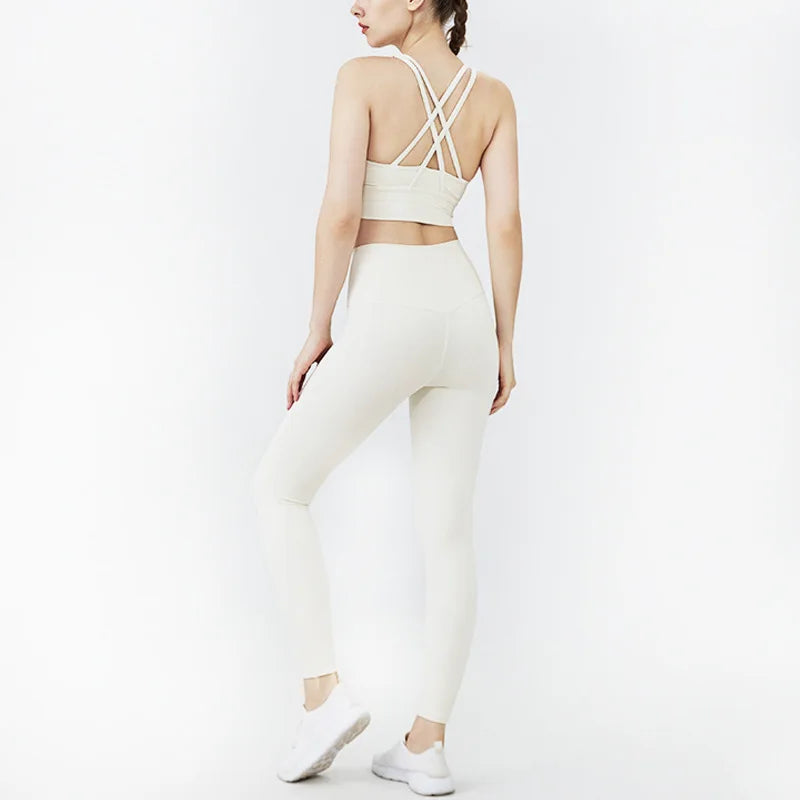 Classic women's yoga suit 2 piece set cross sling bra vest, butter touch stretch leggings gym workout dance sports suit