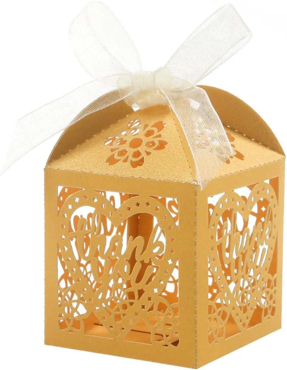 100pcs Gold Thank You Gift Boxes with Ribbons, 2x2x2.75 inch Lace Candy Boxes for Wedding Party Favors