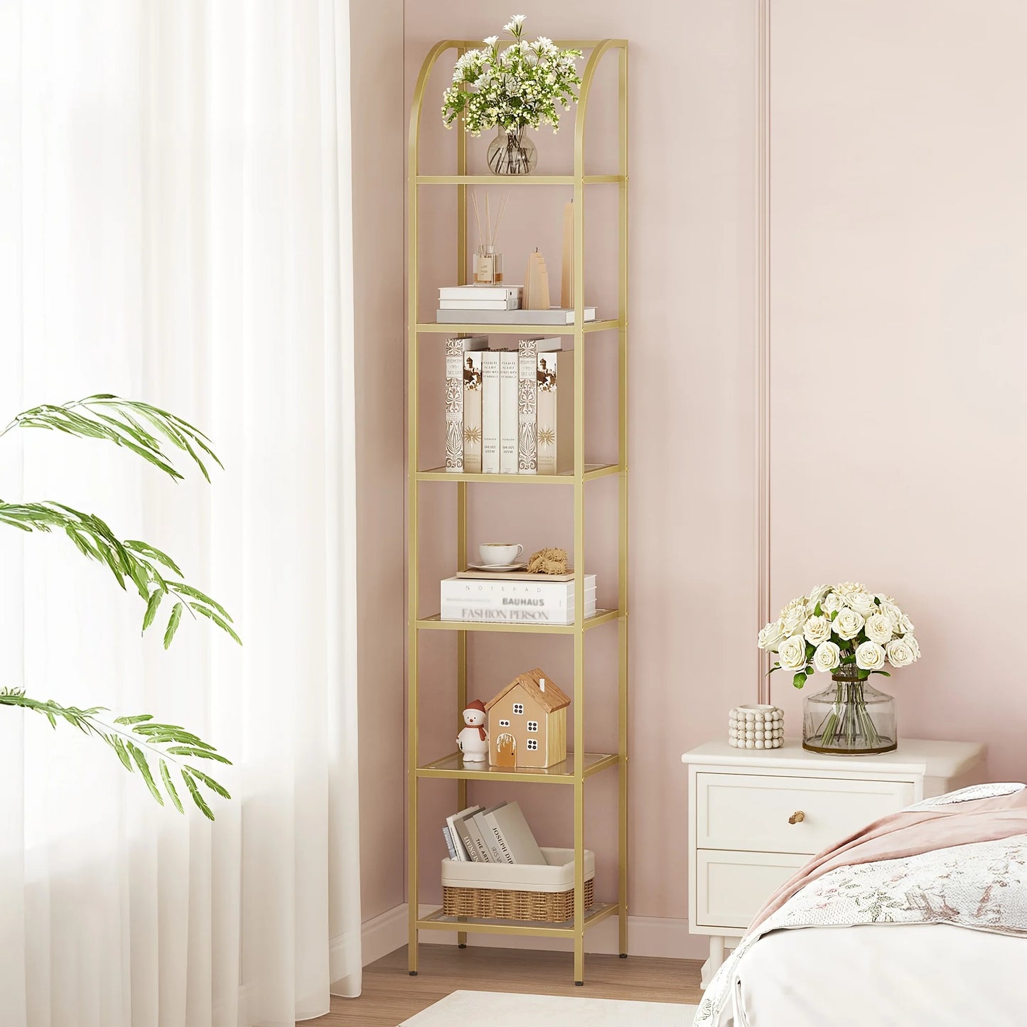 Bookcase Bookshelf, Tempered Glass Arched Bookshelf For More Storage, Slim Shelving Unit For Bedroom, Bathroom, Home Office