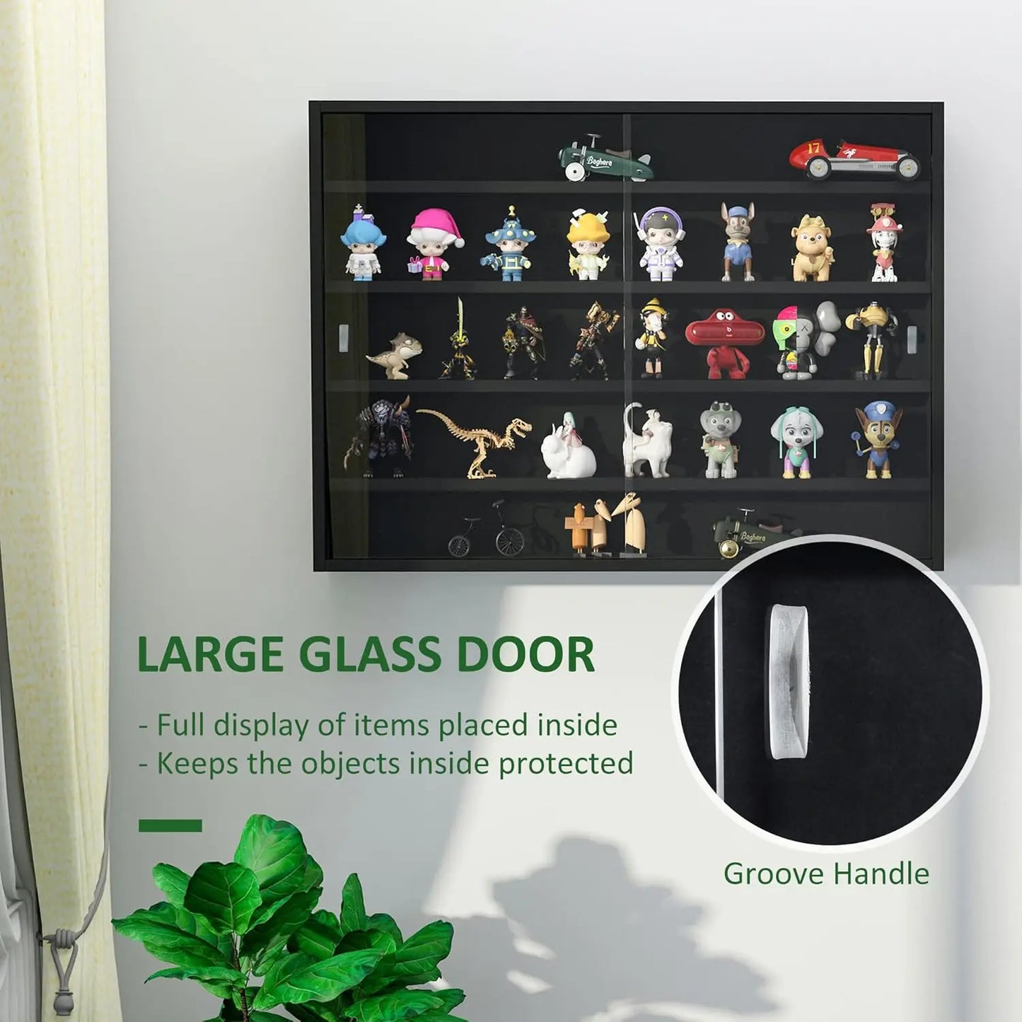 5-Tier Display Cabinet, Glass Door Cabinet with Adjustable Shelves, Wall-Mounted Display Case for Playroom, Bedroom, Black