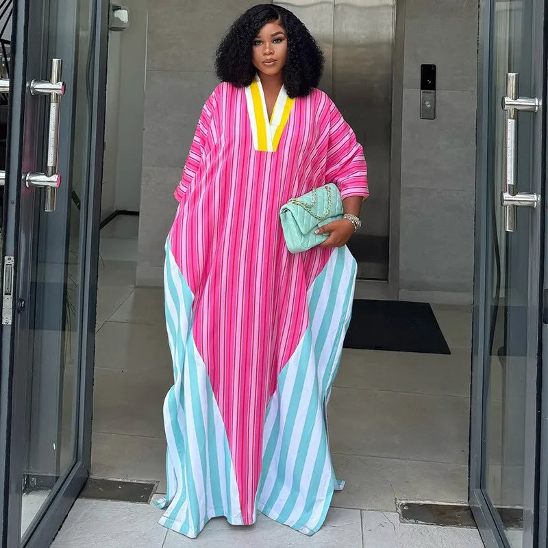 Women's Dress V Neck Striped Dresses 3/4 Sleeve Casual Maxi Dress Oversized Pink And Mint Shirt Dress Side Slit Long Flowing