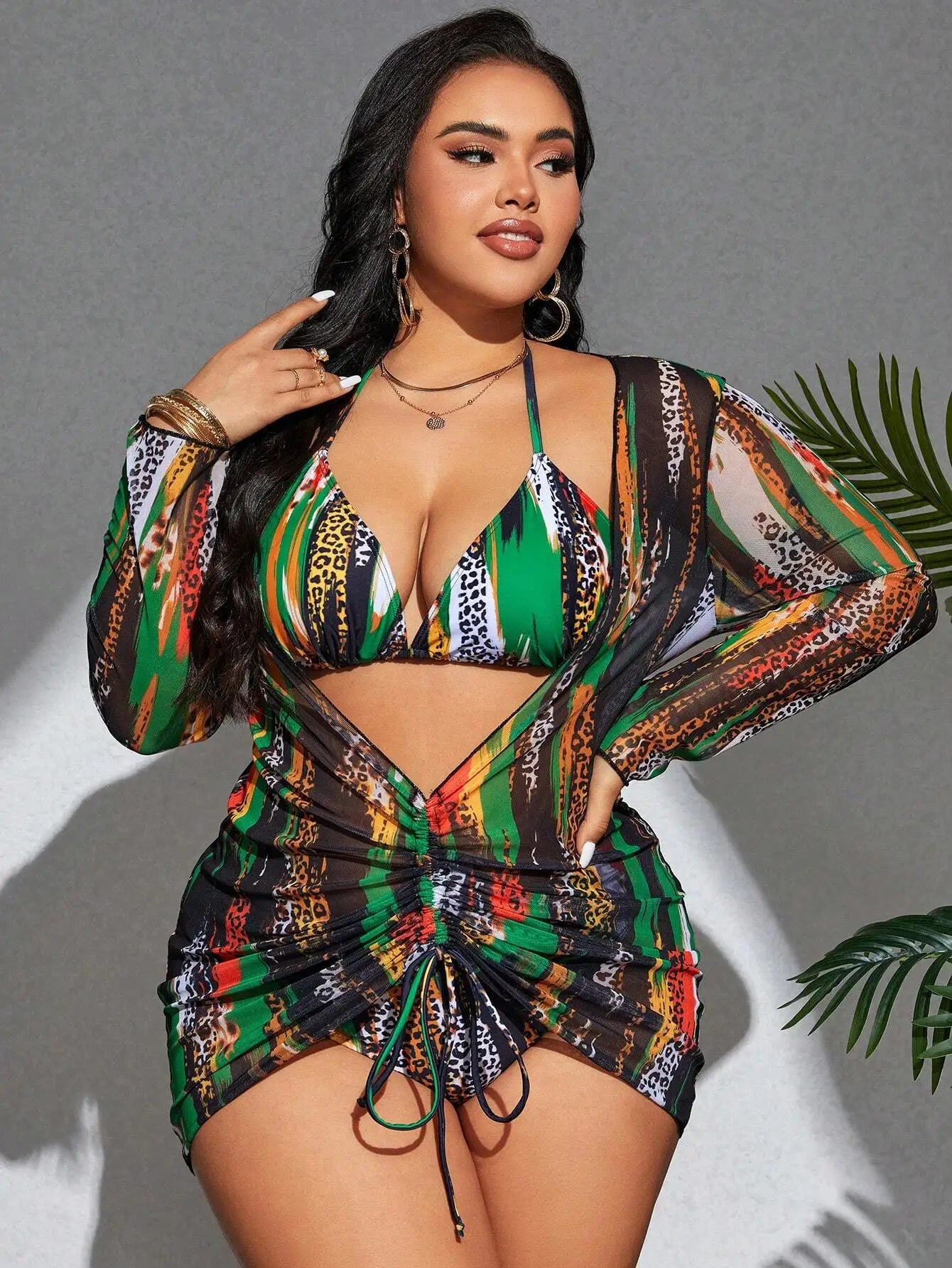 Vibrant Leopard And Colorblock 3-Piece Plus Size Tankini Set For Beach Summer Festival Wear