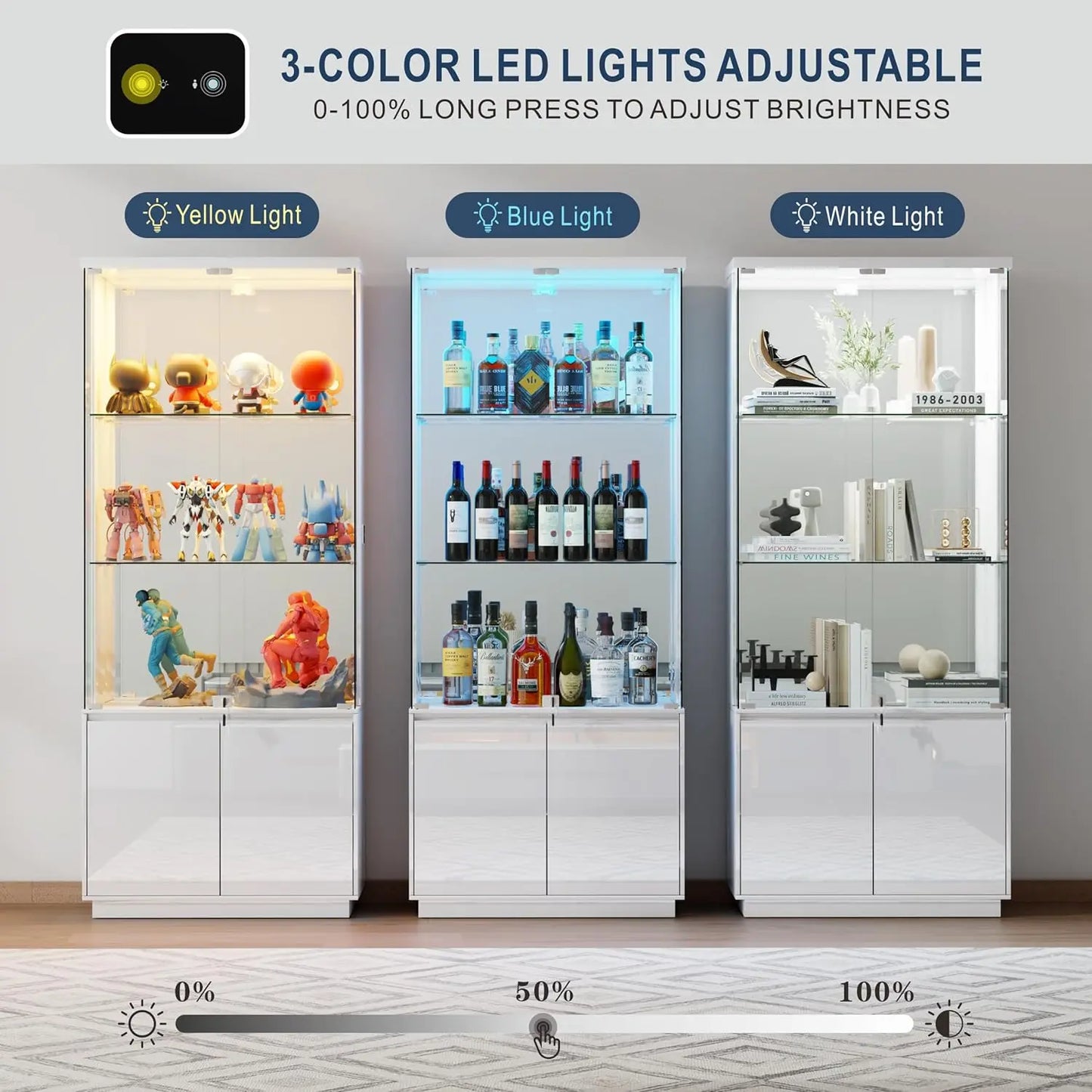 71'' Display Cabinet with Glass Doors&3 Color Lights&Lockable for Bedroom White,High Gloss Curio Cabinet with Adjustable Glas