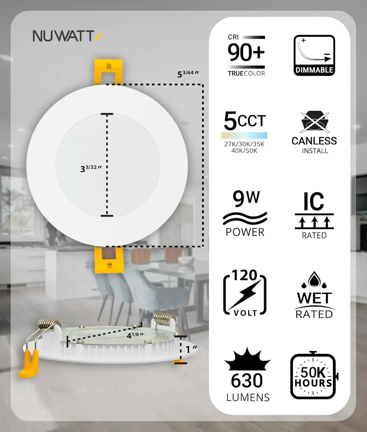 Ultra-Thin 4" LED Recessed Lighting 5CCT Selectable 2700K-5000K Dimmable 9W 630LM IC Rated ETL