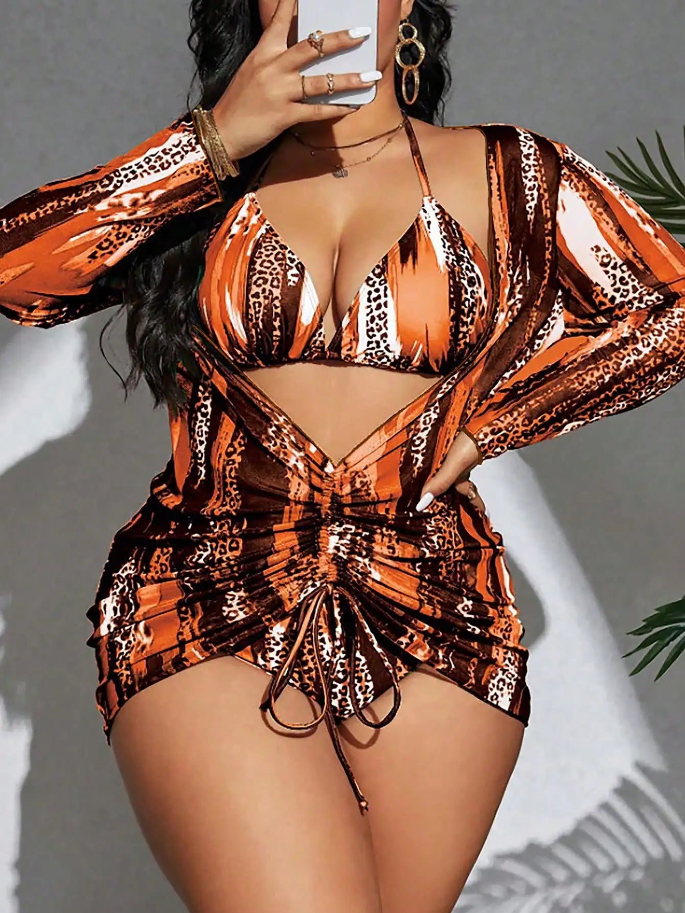 Vibrant Leopard And Colorblock 3-Piece Plus Size Tankini Set For Beach Summer Festival Wear