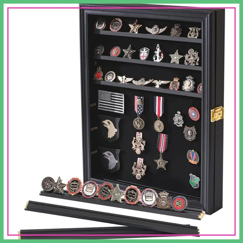 Lockable Medals Display Case Wall Frame for Coins, Pins, and Collectibles - Black Shadow Box with Removable Shelves