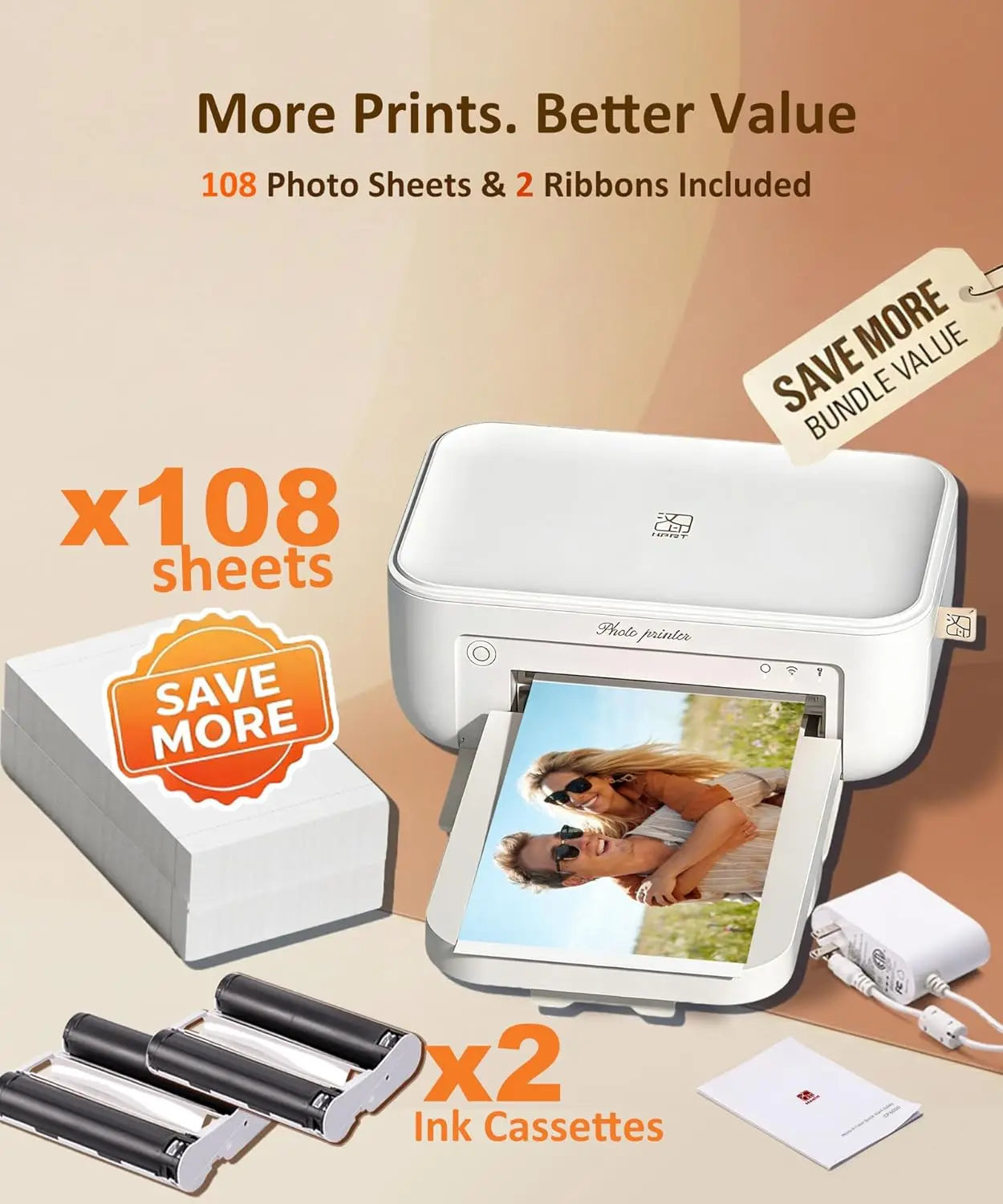 4x6 Photo Printer with Wi-Fi, Full-Color Thermal Dye Sublimation, Portable for iPhone/Android, AR Video App, Home Use in White