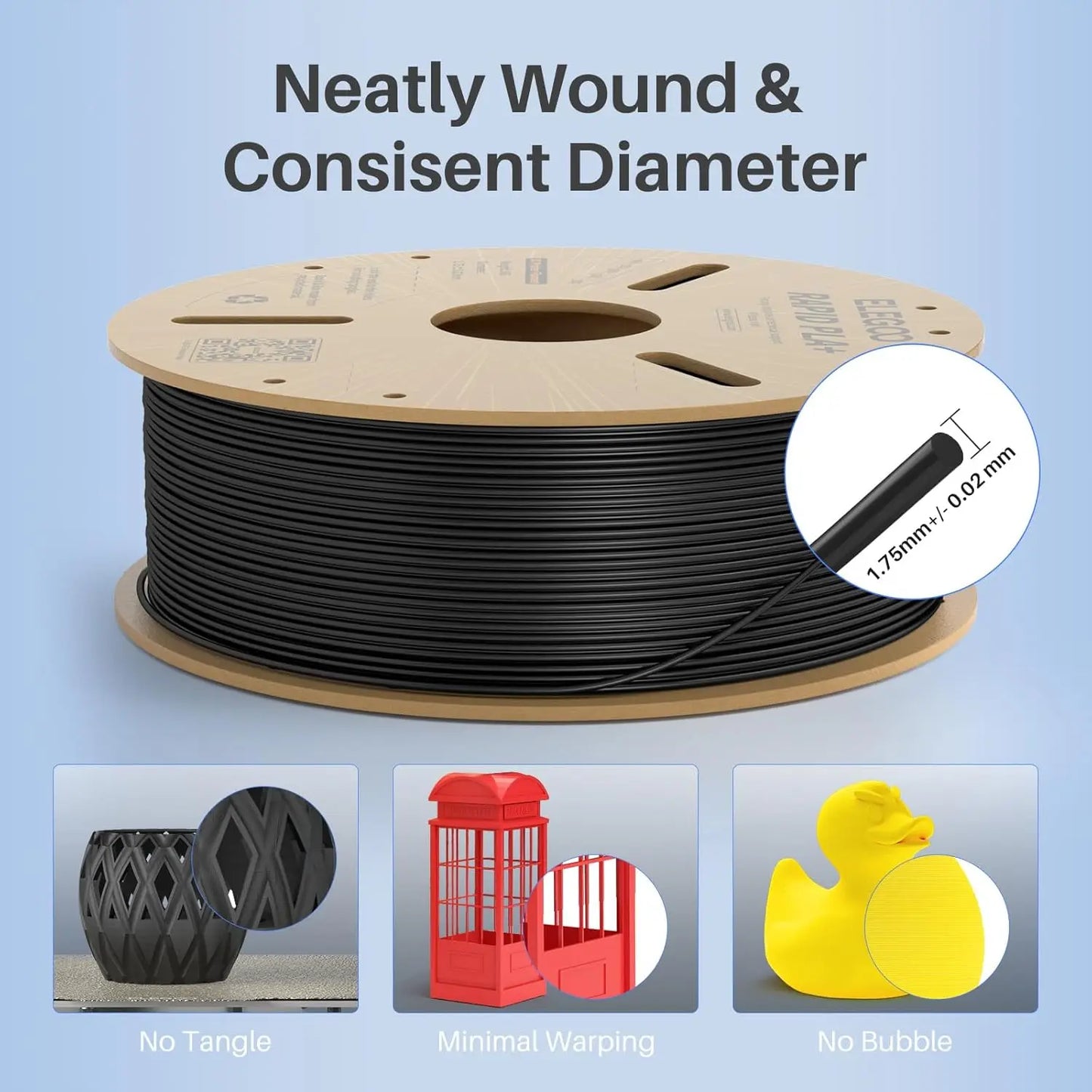 Fast Printing PLA+ 3D Printer Filament Bundle, 1.75mm, 4KG with Dimensional Accuracy +/-0.02mm, Black/White/Blue/Red