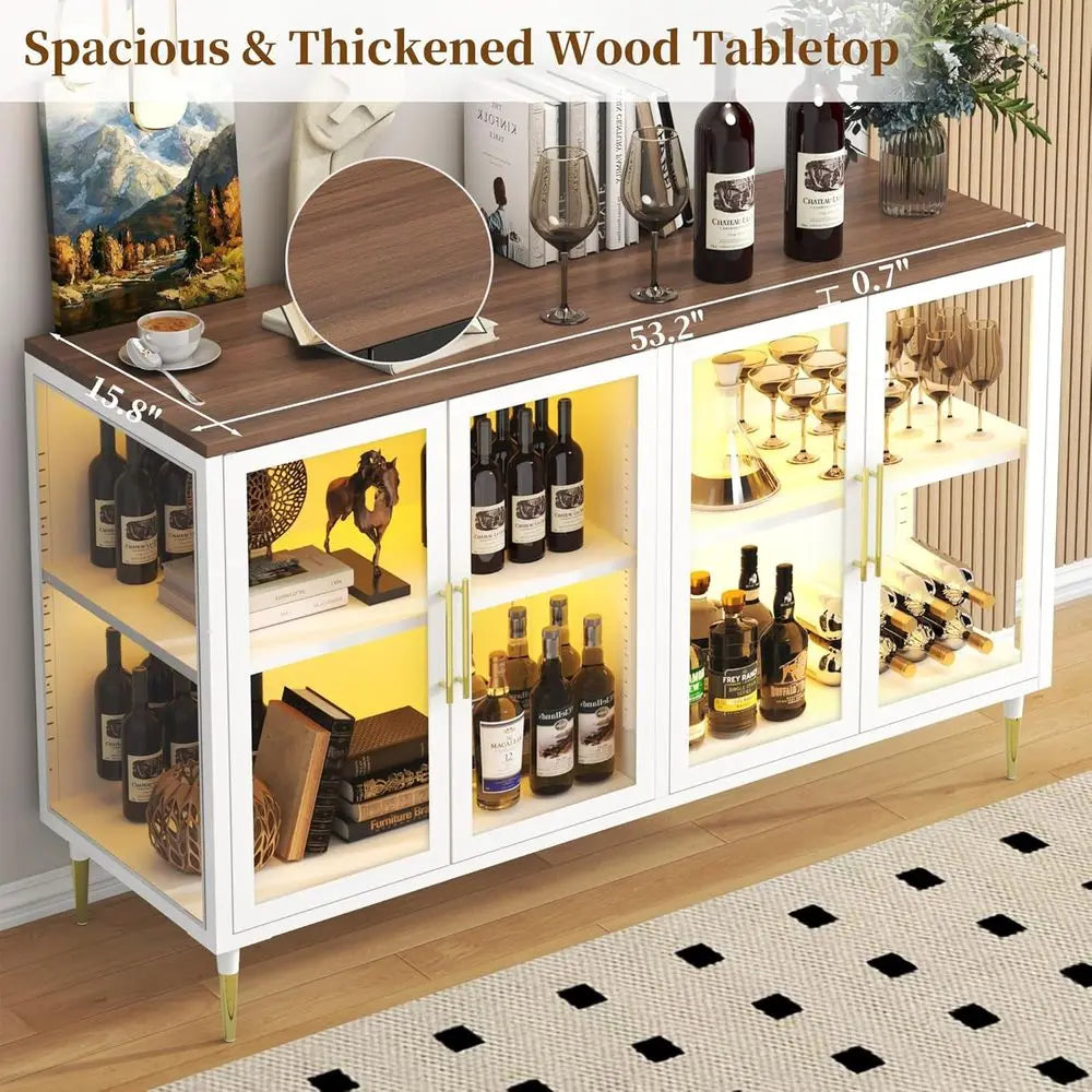 LED-Illuminated Glass Sideboard Cabinet, Metal & Wood Modern Storage with Adjustable Shelves, Suitable for Coffee Bar, Kitchen,