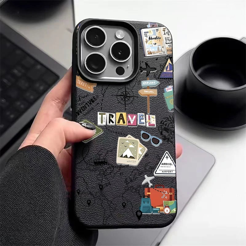 Travel Map Pattern Phone Case For iPhone 17e 16e 17 16 15 14 Pro Max 13 12 Pro Air 11 Leather Texture TPU Silicone Soft Cover