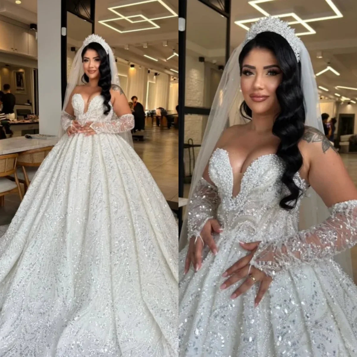 Customized Luxury Sweetheart Ball Dress Long Gloves Shining Beaded Lace Bride Dress Cathedral Train Princess Wedding Dress
