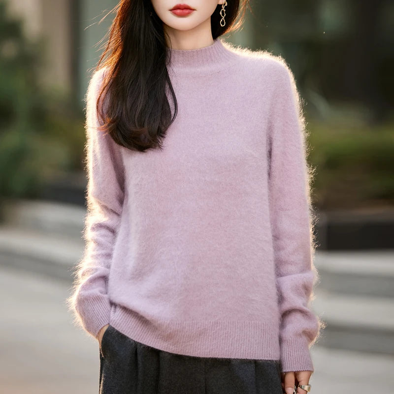 100% Wool Women's Fluffy High Neck Pullover, Loose Knit Winter Sweater Coat, Autumn Warm Top