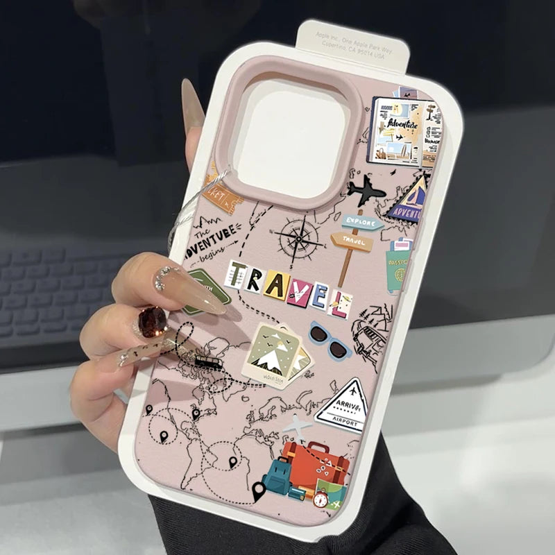 Travel Map Pattern Phone Case For iPhone 17e 16e 17 16 15 14 Pro Max 13 12 Pro Air 11 Leather Texture TPU Silicone Soft Cover