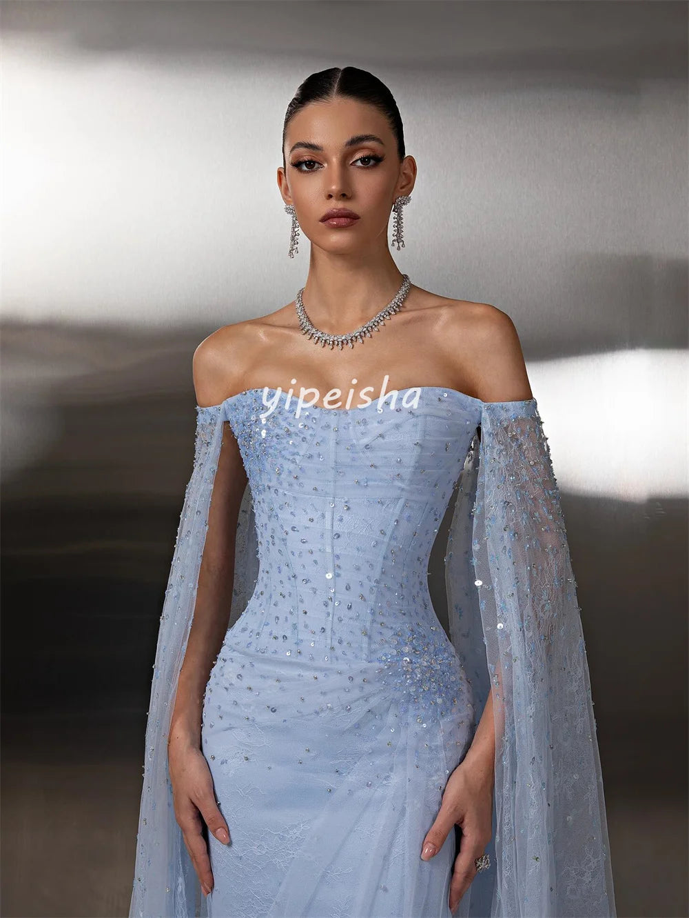Customized Fashion Sparkle Lace Pleat Rhinestone Sequined Beading Mermaid Off-the-shoulder Long Dresses Bespoke Occasion Dresses