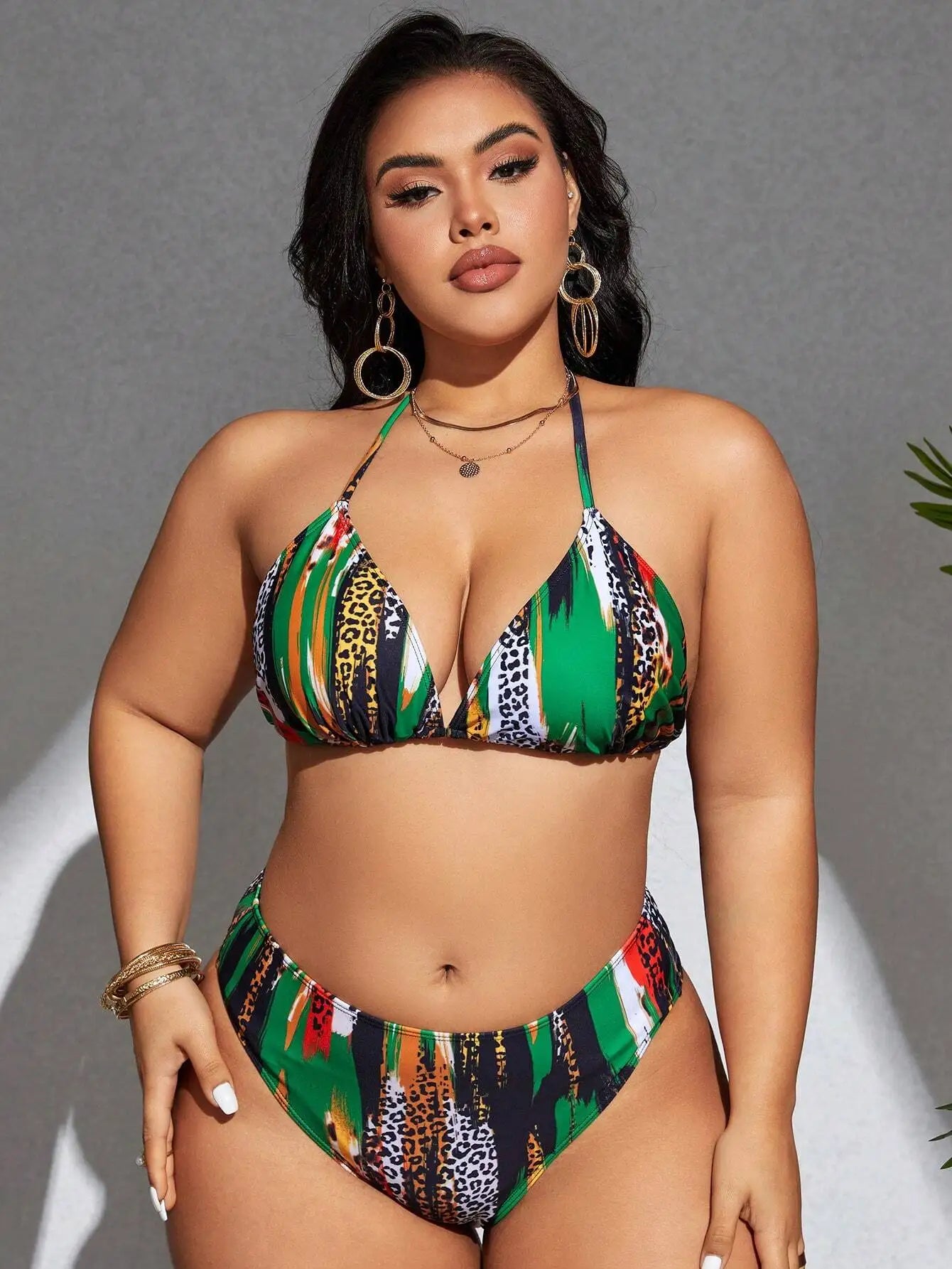Vibrant Leopard And Colorblock 3-Piece Plus Size Tankini Set For Beach Summer Festival Wear