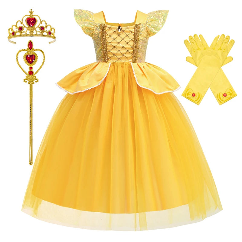 Disney Princess Dresses Girls Belle Party Costume Children Halloween Birthday Flower Clothes Beauty and The Beast Fancy Disguise