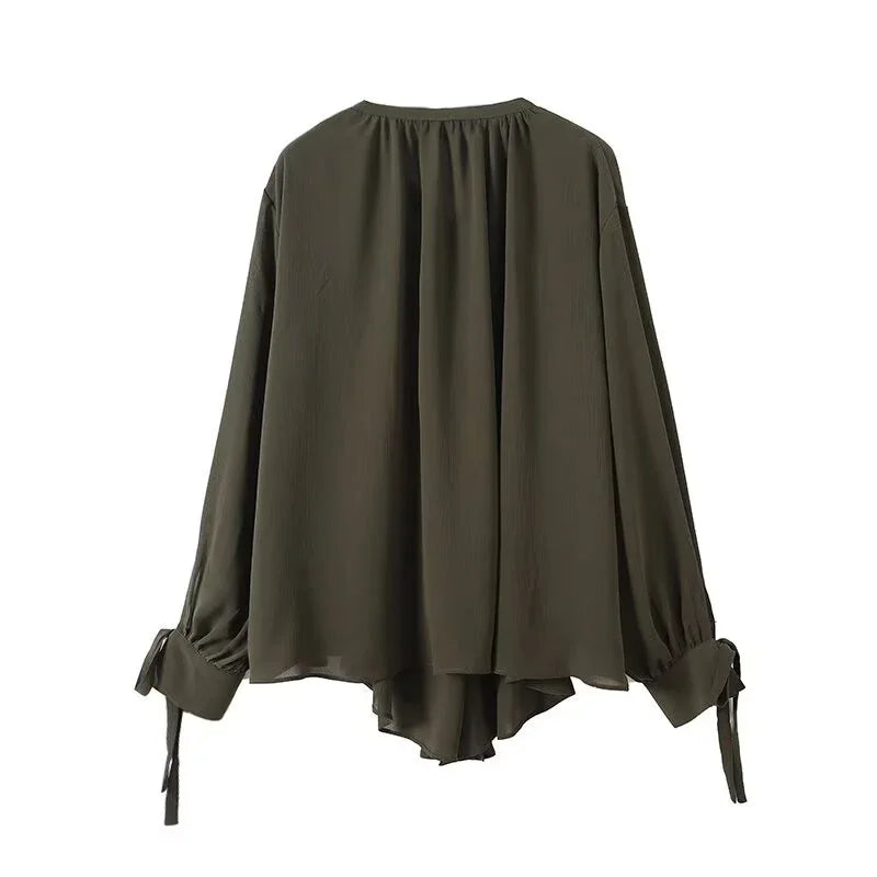 2025 French Style Women's Shirts Dark Green Loose Long Sleeve Top with Bow Tie Autumn Tops
